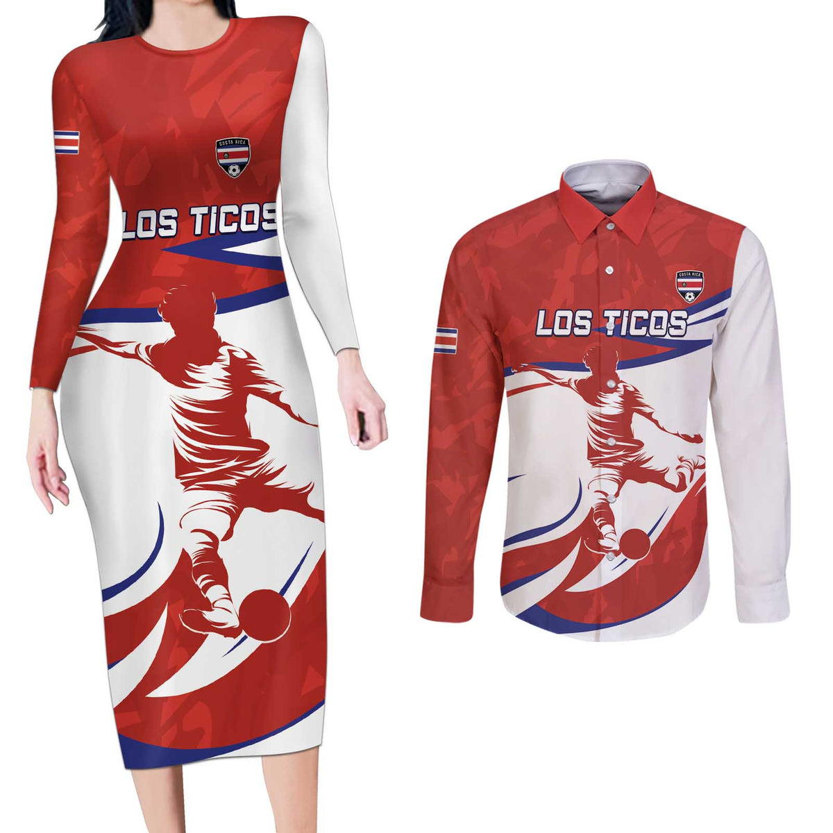Custom Costa Rica Football Couples Matching Long Sleeve Bodycon Dress and Long Sleeve Button Shirt Los Ticos With Bull Mascot - Wonder Print Shop