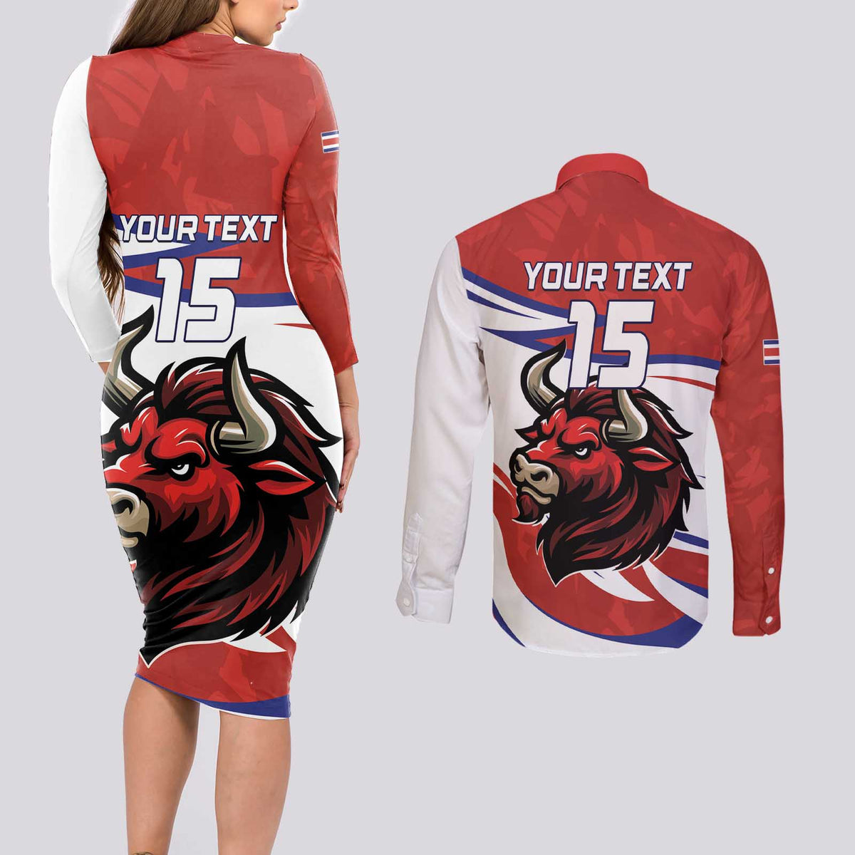 Custom Costa Rica Football Couples Matching Long Sleeve Bodycon Dress and Long Sleeve Button Shirt Los Ticos With Bull Mascot - Wonder Print Shop