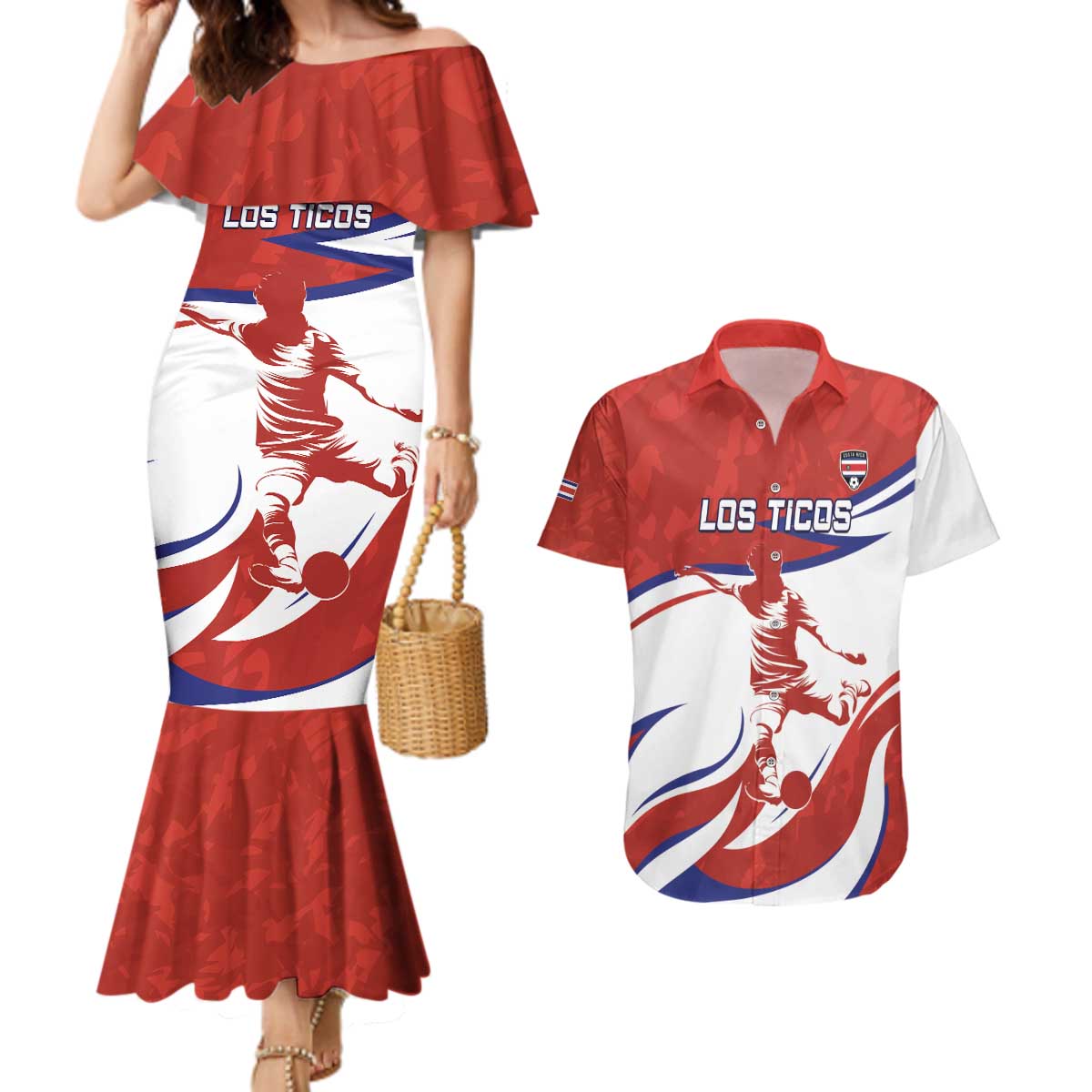 Custom Costa Rica Football Couples Matching Mermaid Dress and Hawaiian Shirt Los Ticos With Bull Mascot - Wonder Print Shop