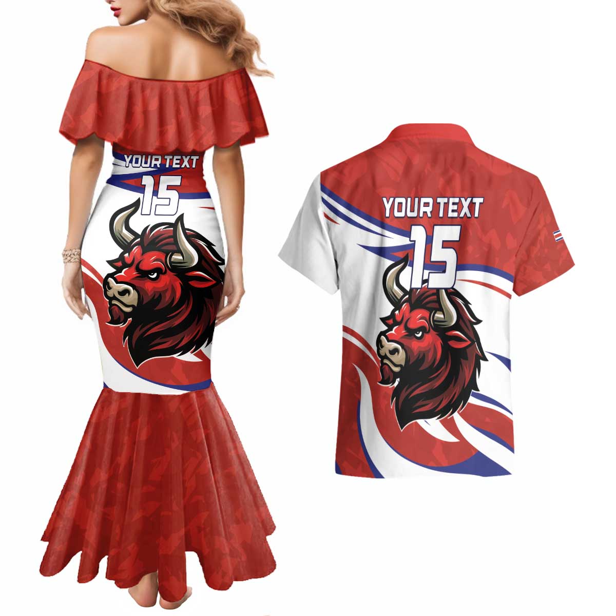 Custom Costa Rica Football Couples Matching Mermaid Dress and Hawaiian Shirt Los Ticos With Bull Mascot - Wonder Print Shop
