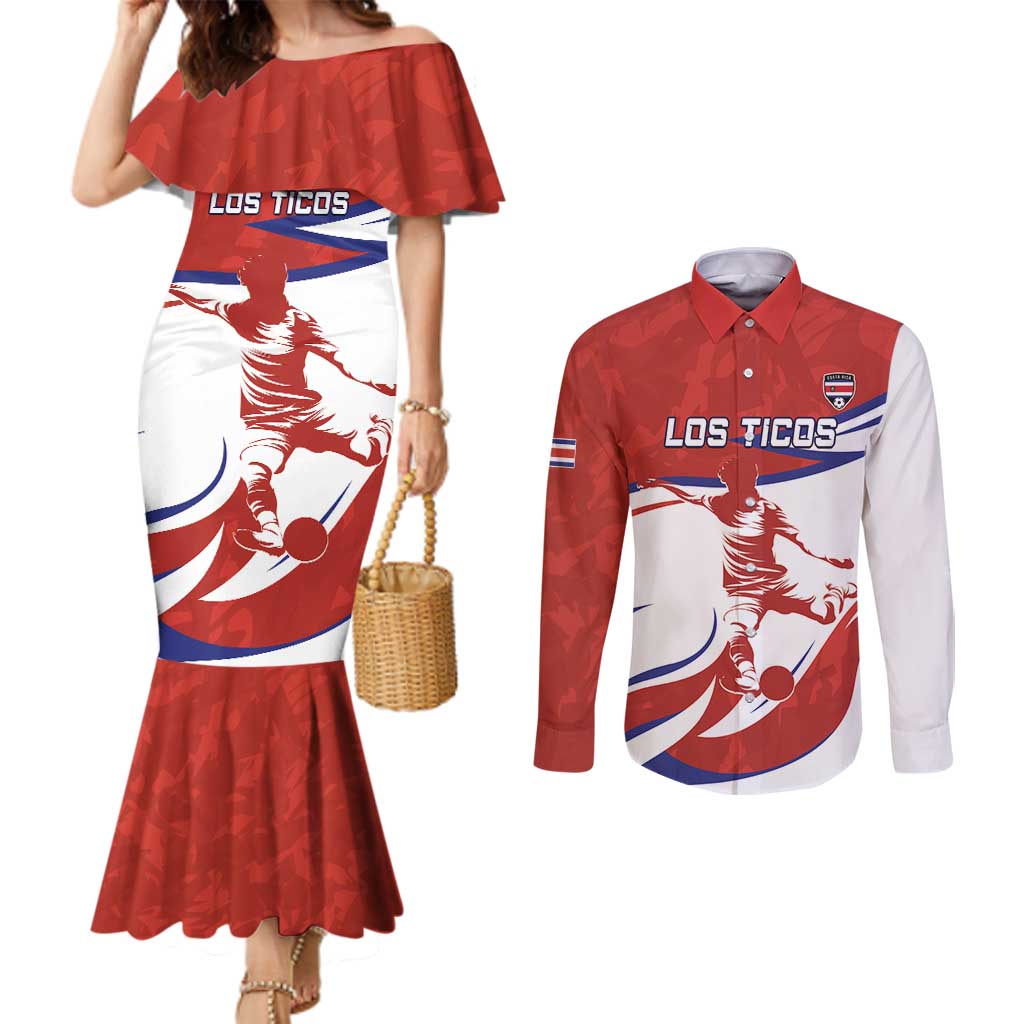 Custom Costa Rica Football Couples Matching Mermaid Dress and Long Sleeve Button Shirt Los Ticos With Bull Mascot