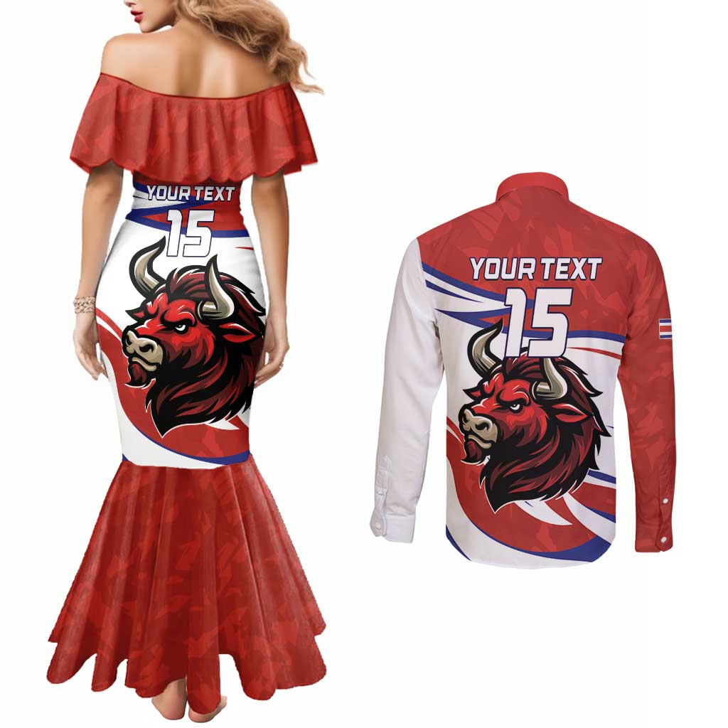 Custom Costa Rica Football Couples Matching Mermaid Dress and Long Sleeve Button Shirt Los Ticos With Bull Mascot