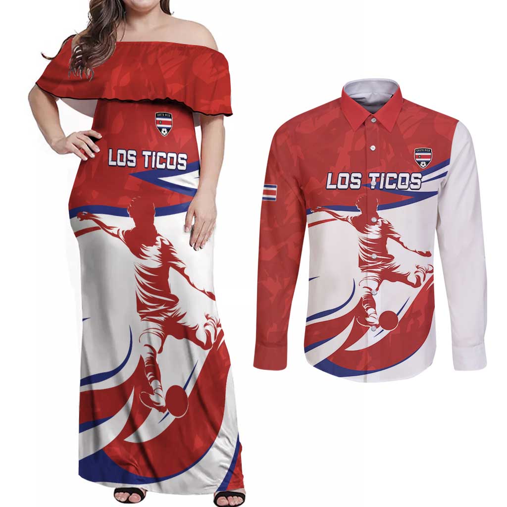 Custom Costa Rica Football Couples Matching Off Shoulder Maxi Dress and Long Sleeve Button Shirt Los Ticos With Bull Mascot - Wonder Print Shop