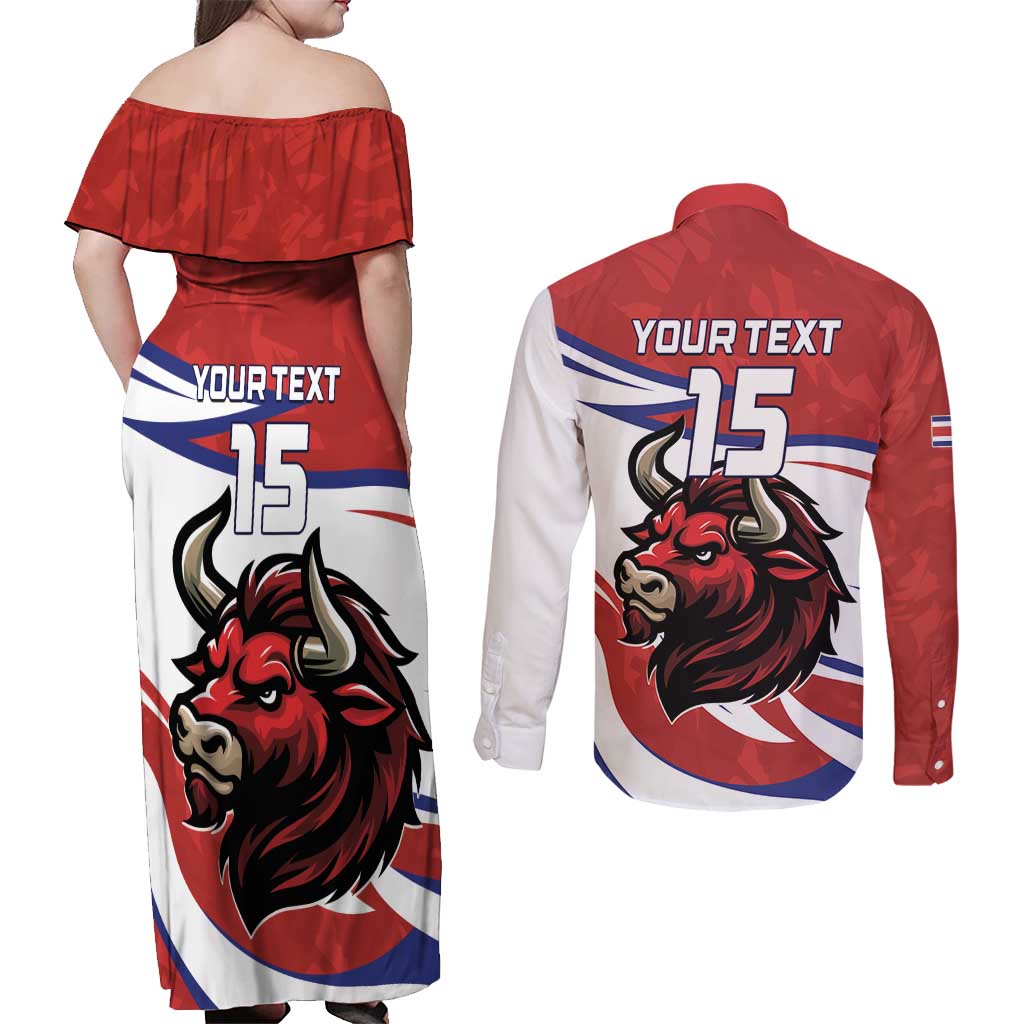 Custom Costa Rica Football Couples Matching Off Shoulder Maxi Dress and Long Sleeve Button Shirt Los Ticos With Bull Mascot - Wonder Print Shop