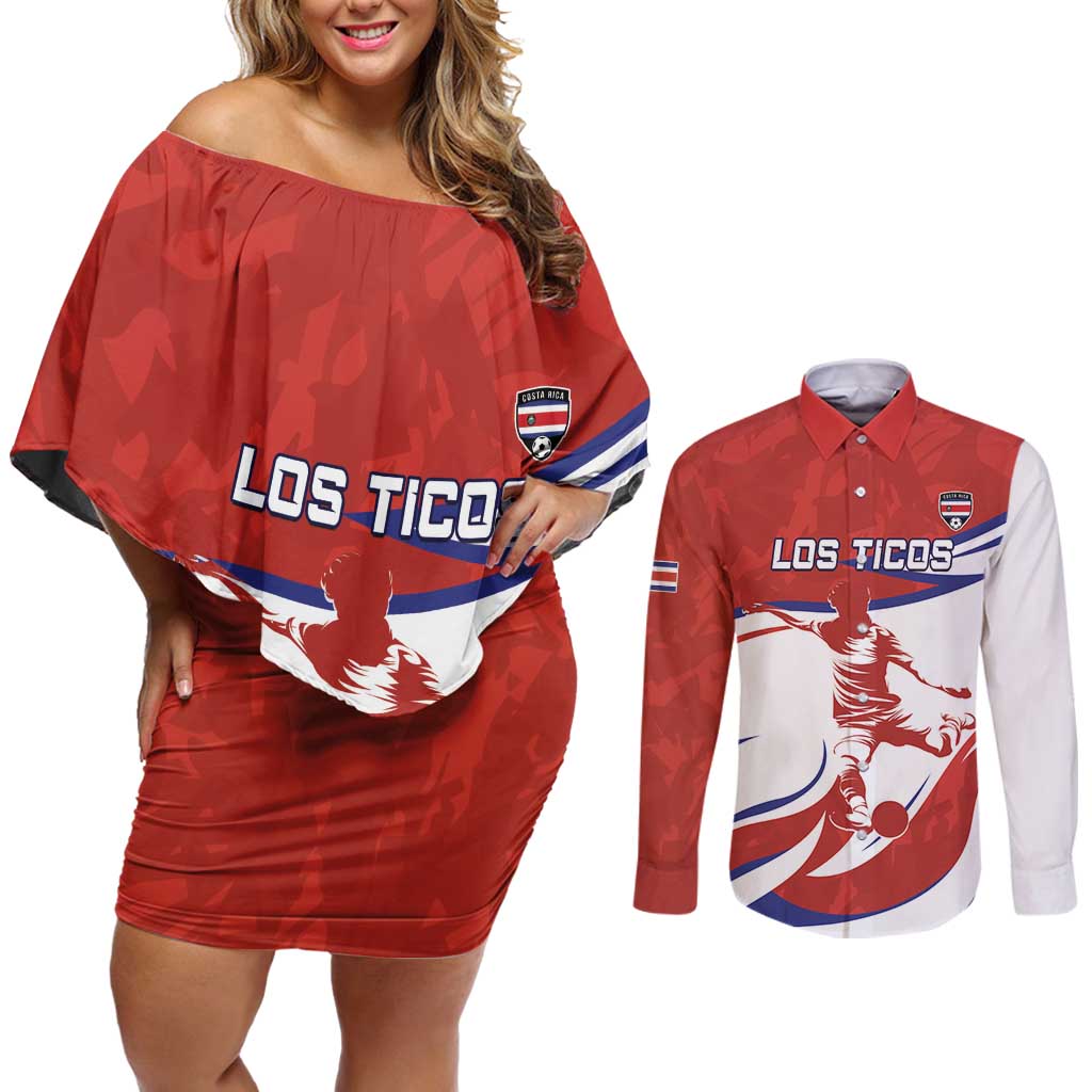 Custom Costa Rica Football Couples Matching Off Shoulder Short Dress and Long Sleeve Button Shirt Los Ticos With Bull Mascot - Wonder Print Shop