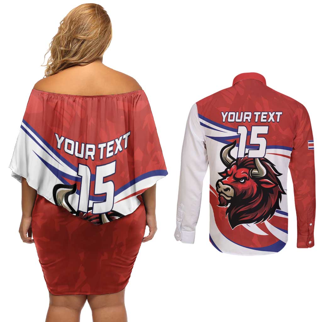 Custom Costa Rica Football Couples Matching Off Shoulder Short Dress and Long Sleeve Button Shirt Los Ticos With Bull Mascot - Wonder Print Shop