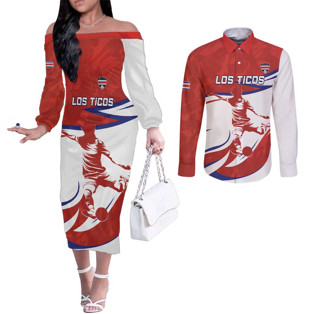 Custom Costa Rica Football Couples Matching Off The Shoulder Long Sleeve Dress and Long Sleeve Button Shirt Los Ticos With Bull Mascot