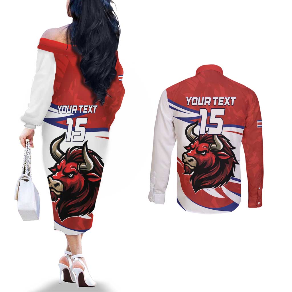 Custom Costa Rica Football Couples Matching Off The Shoulder Long Sleeve Dress and Long Sleeve Button Shirt Los Ticos With Bull Mascot