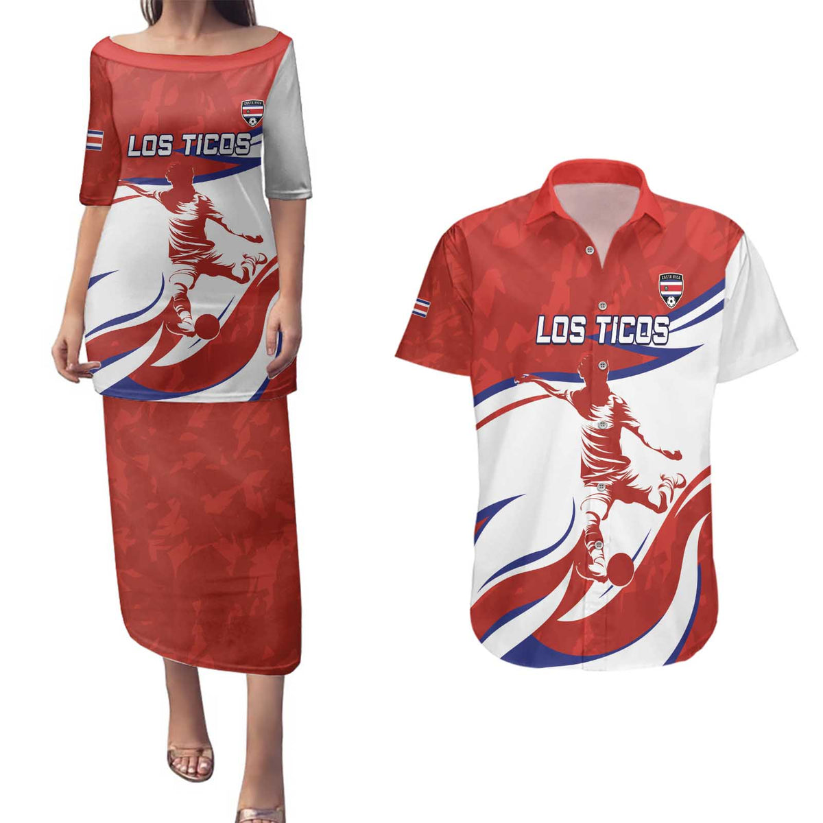 Custom Costa Rica Football Couples Matching Puletasi and Hawaiian Shirt Los Ticos With Bull Mascot - Wonder Print Shop