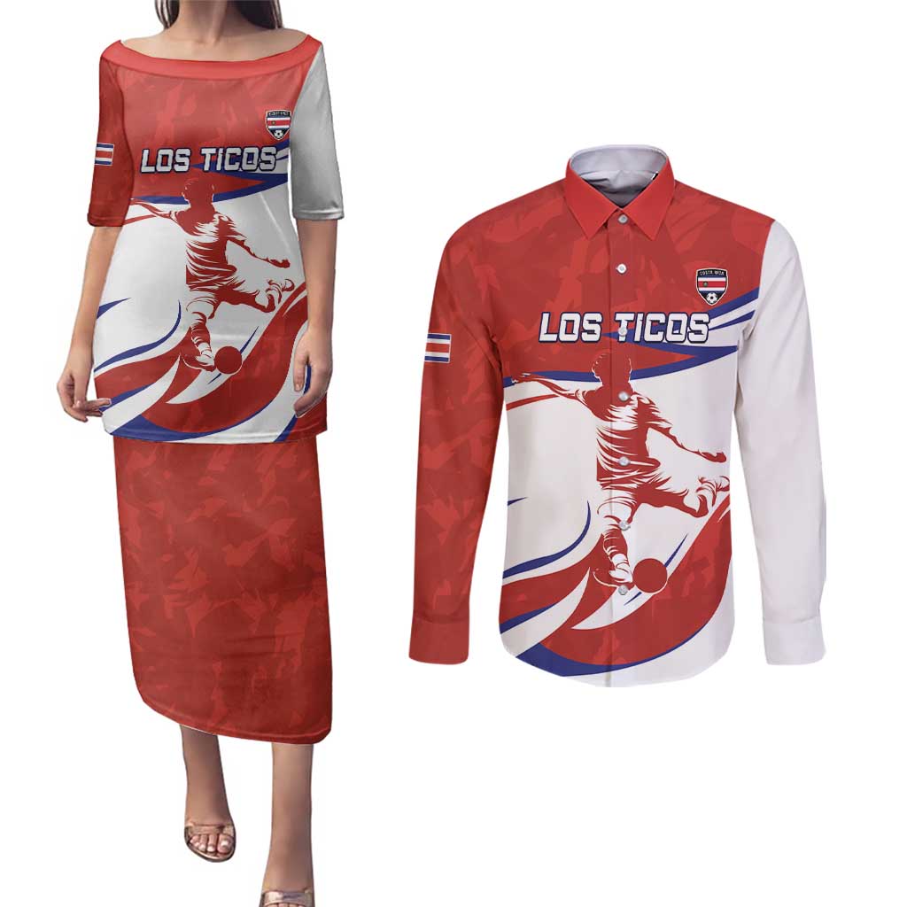 Custom Costa Rica Football Couples Matching Puletasi and Long Sleeve Button Shirt Los Ticos With Bull Mascot - Wonder Print Shop
