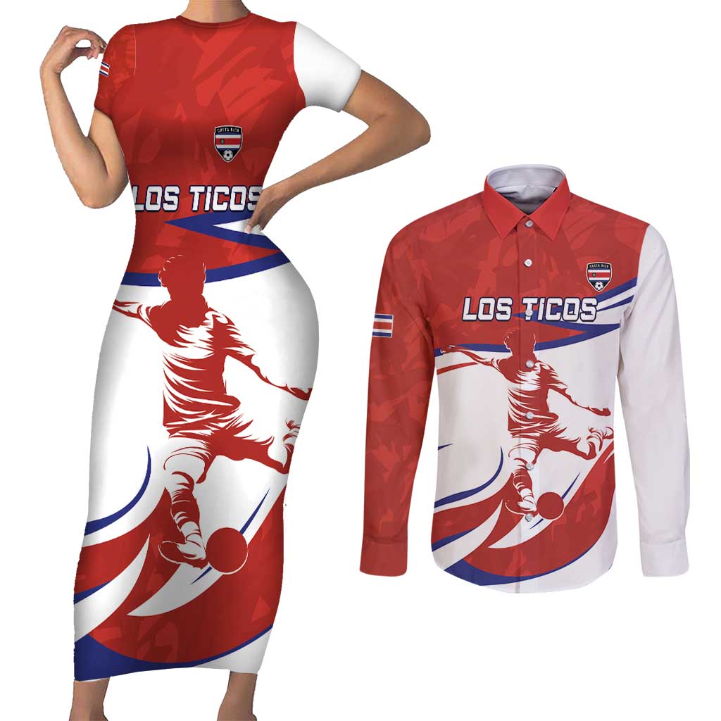 Custom Costa Rica Football Couples Matching Short Sleeve Bodycon Dress and Long Sleeve Button Shirt Los Ticos With Bull Mascot - Wonder Print Shop