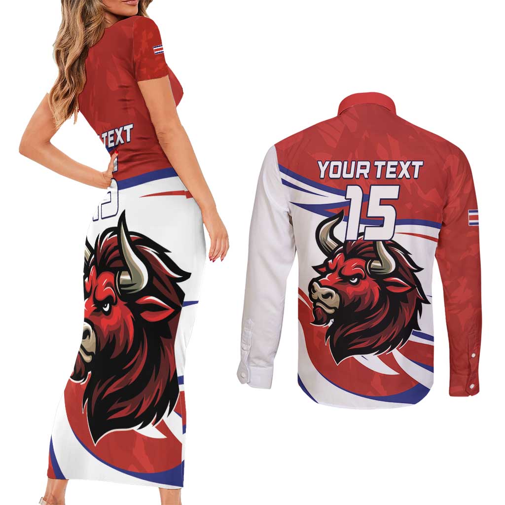 Custom Costa Rica Football Couples Matching Short Sleeve Bodycon Dress and Long Sleeve Button Shirt Los Ticos With Bull Mascot - Wonder Print Shop