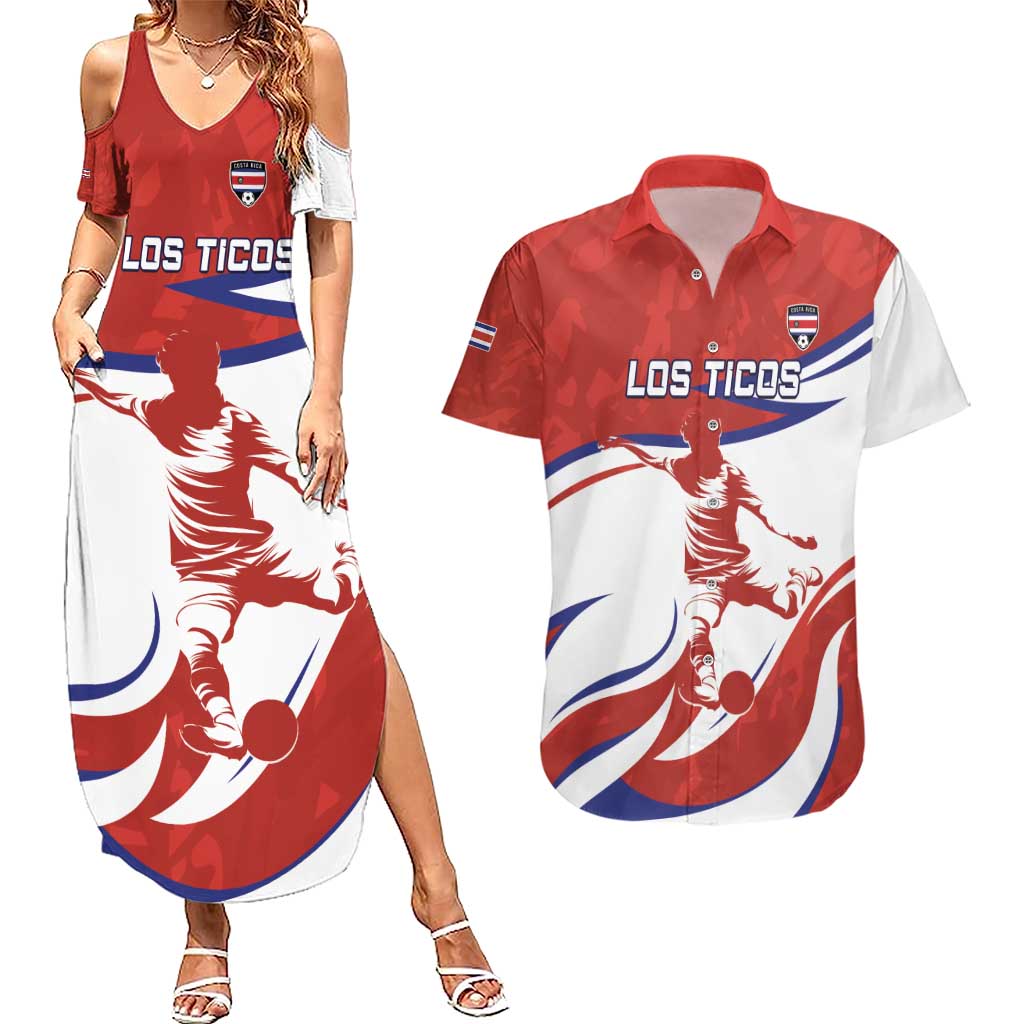 Custom Costa Rica Football Couples Matching Summer Maxi Dress and Hawaiian Shirt Los Ticos With Bull Mascot - Wonder Print Shop