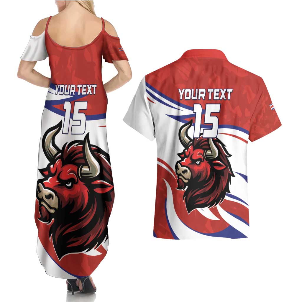 Custom Costa Rica Football Couples Matching Summer Maxi Dress and Hawaiian Shirt Los Ticos With Bull Mascot - Wonder Print Shop