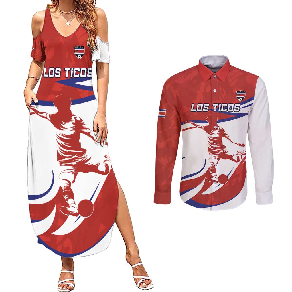 Custom Costa Rica Football Couples Matching Summer Maxi Dress and Long Sleeve Button Shirt Los Ticos With Bull Mascot - Wonder Print Shop
