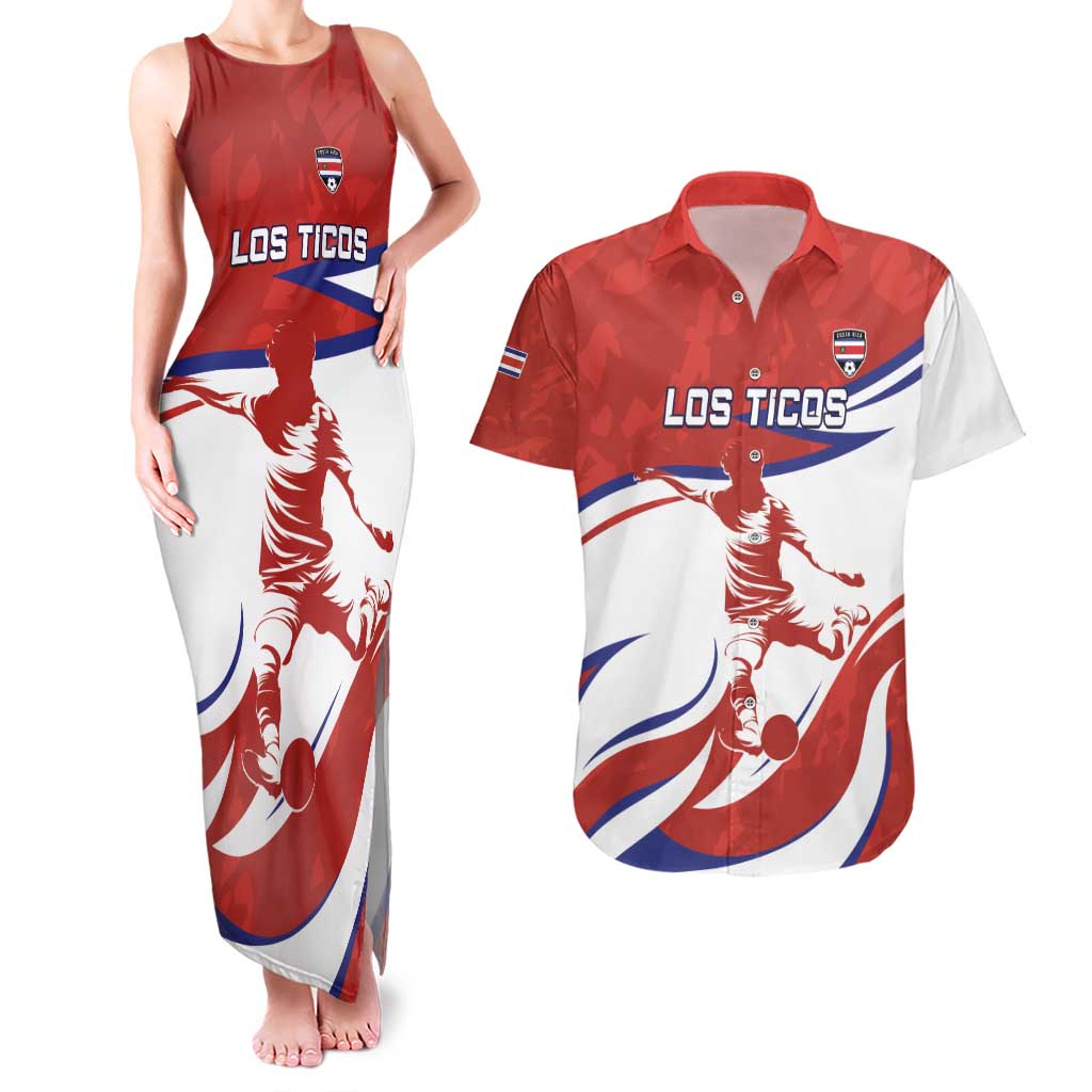Custom Costa Rica Football Couples Matching Tank Maxi Dress and Hawaiian Shirt Los Ticos With Bull Mascot - Wonder Print Shop