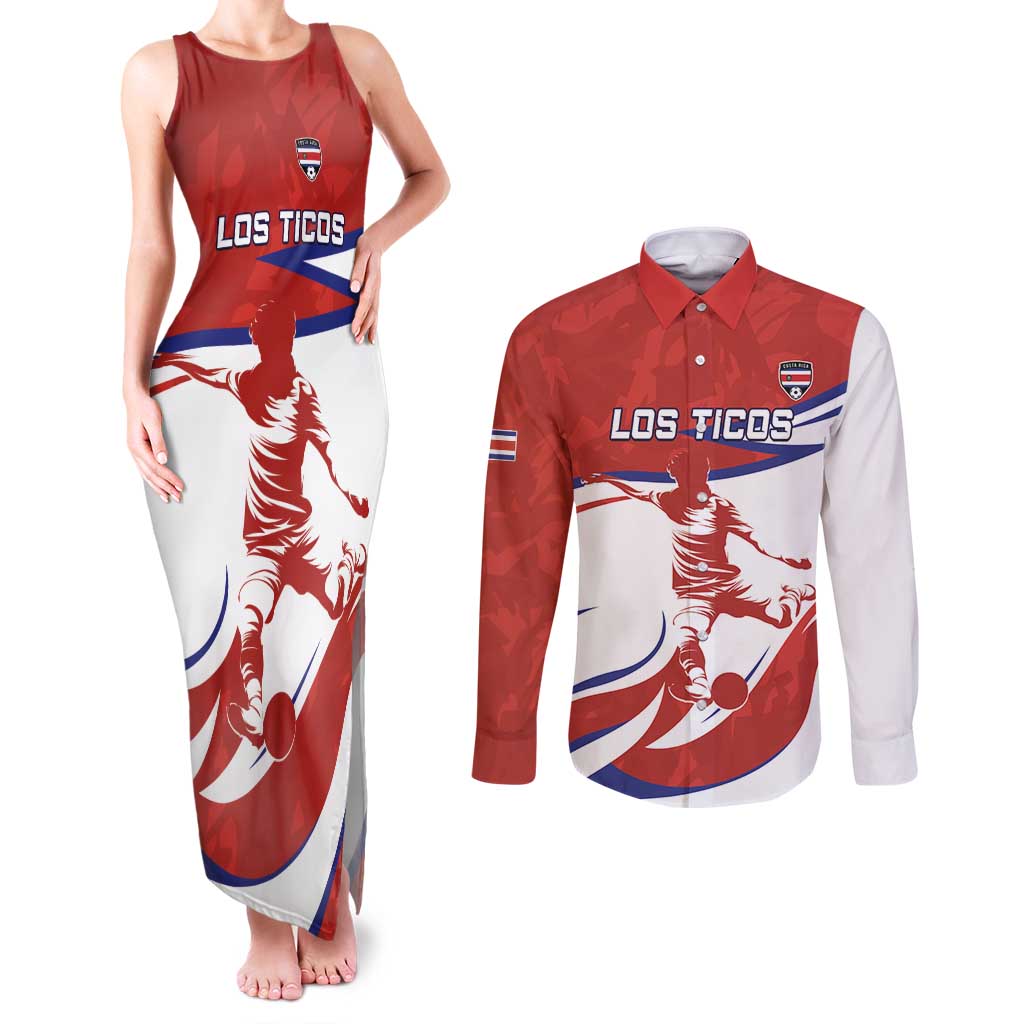 Custom Costa Rica Football Couples Matching Tank Maxi Dress and Long Sleeve Button Shirt Los Ticos With Bull Mascot - Wonder Print Shop