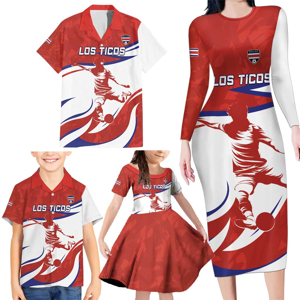Custom Costa Rica Football Family Matching Long Sleeve Bodycon Dress and Hawaiian Shirt Los Ticos With Bull Mascot - Wonder Print Shop