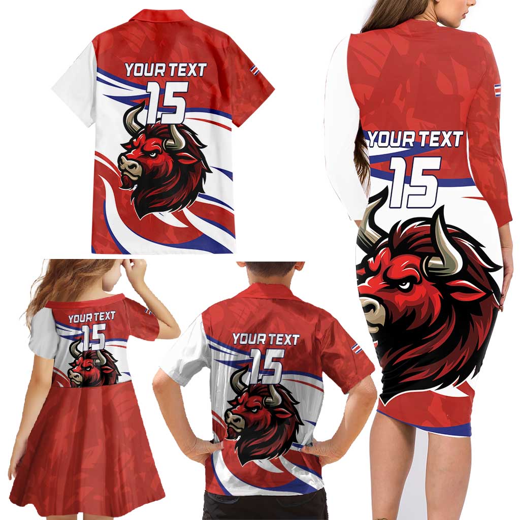 Custom Costa Rica Football Family Matching Long Sleeve Bodycon Dress and Hawaiian Shirt Los Ticos With Bull Mascot - Wonder Print Shop