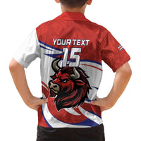 Custom Costa Rica Football Family Matching Off The Shoulder Long Sleeve Dress and Hawaiian Shirt Los Ticos With Bull Mascot - Wonder Print Shop