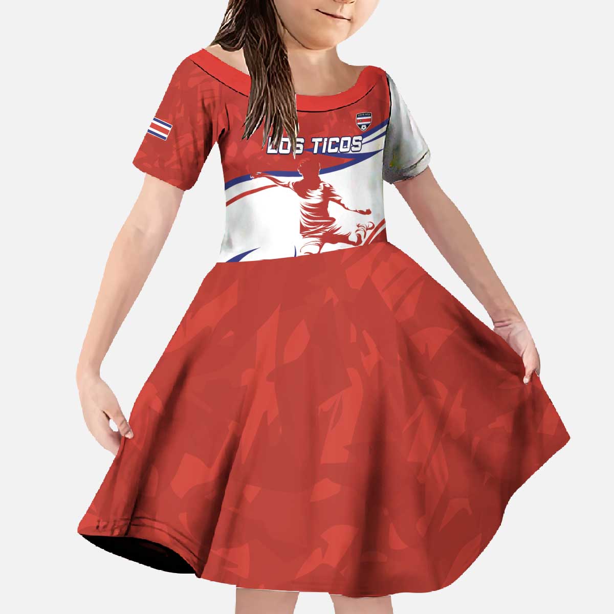Custom Costa Rica Football Family Matching Off The Shoulder Long Sleeve Dress and Hawaiian Shirt Los Ticos With Bull Mascot - Wonder Print Shop