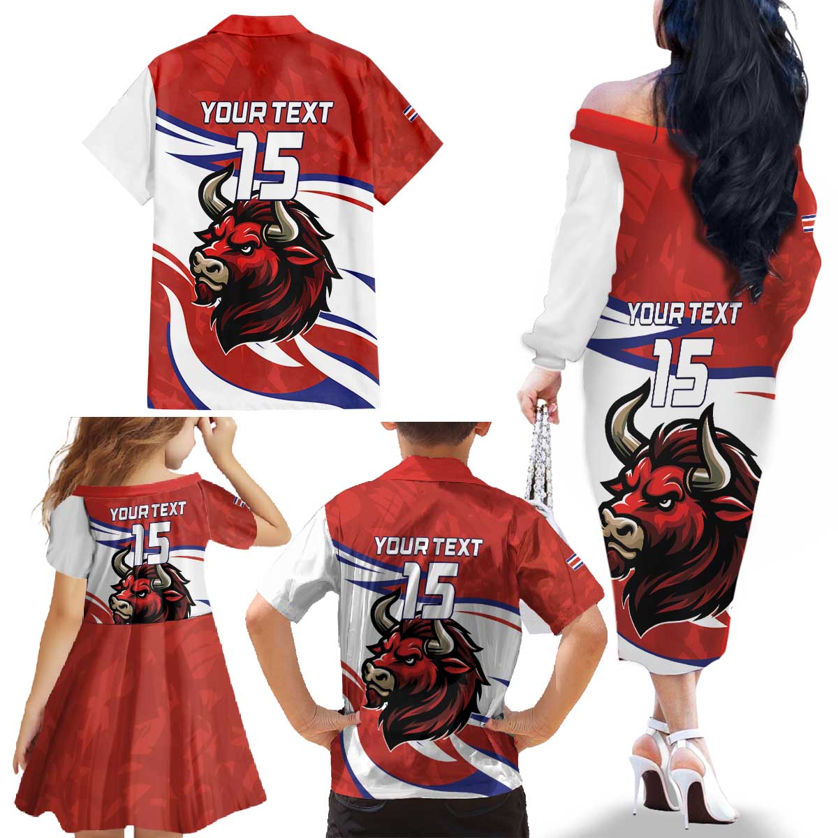 Custom Costa Rica Football Family Matching Off The Shoulder Long Sleeve Dress and Hawaiian Shirt Los Ticos With Bull Mascot - Wonder Print Shop