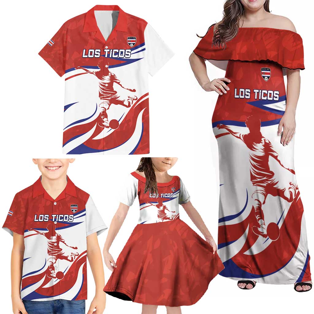 Custom Costa Rica Football Family Matching Off Shoulder Maxi Dress and Hawaiian Shirt Los Ticos With Bull Mascot - Wonder Print Shop