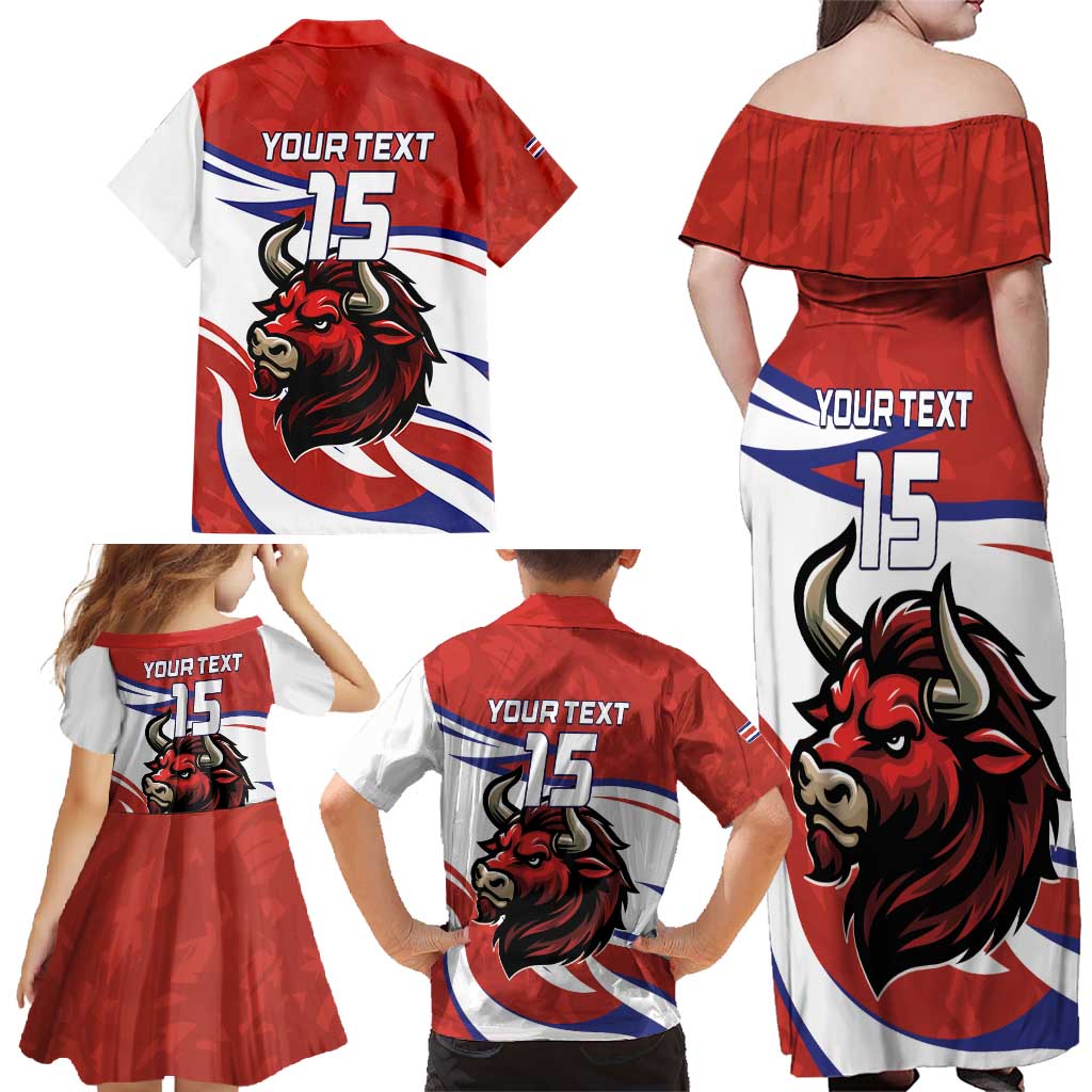 Custom Costa Rica Football Family Matching Off Shoulder Maxi Dress and Hawaiian Shirt Los Ticos With Bull Mascot - Wonder Print Shop
