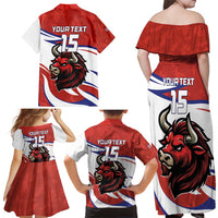 Custom Costa Rica Football Family Matching Off Shoulder Maxi Dress and Hawaiian Shirt Los Ticos With Bull Mascot - Wonder Print Shop