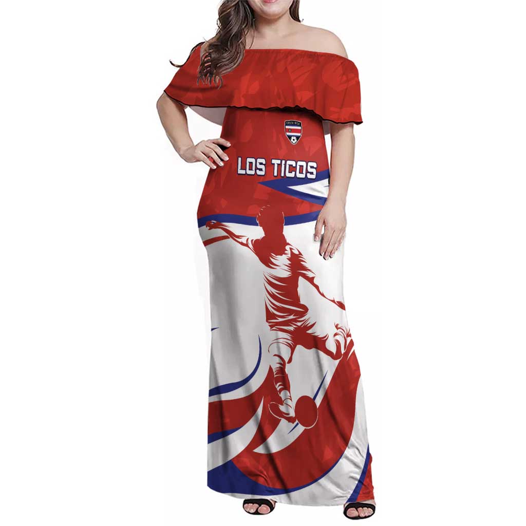 Custom Costa Rica Football Family Matching Off Shoulder Maxi Dress and Hawaiian Shirt Los Ticos With Bull Mascot - Wonder Print Shop