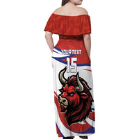 Custom Costa Rica Football Family Matching Off Shoulder Maxi Dress and Hawaiian Shirt Los Ticos With Bull Mascot - Wonder Print Shop