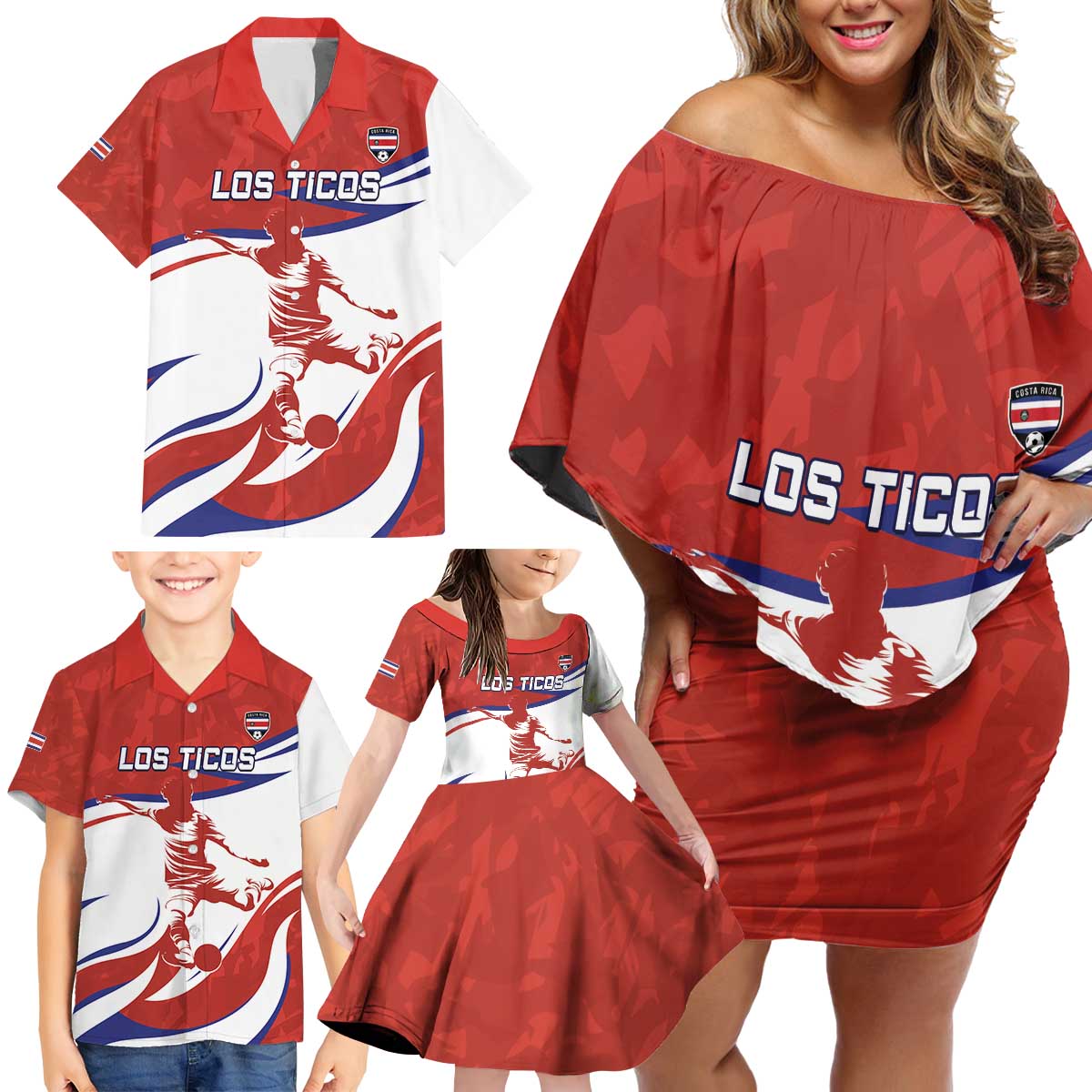 Custom Costa Rica Football Family Matching Off Shoulder Short Dress and Hawaiian Shirt Los Ticos With Bull Mascot - Wonder Print Shop