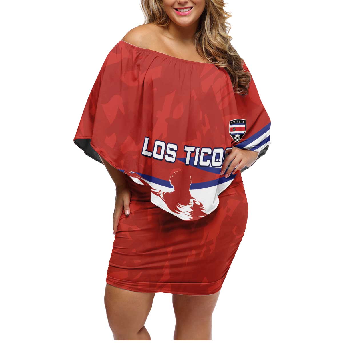 Custom Costa Rica Football Family Matching Off Shoulder Short Dress and Hawaiian Shirt Los Ticos With Bull Mascot - Wonder Print Shop