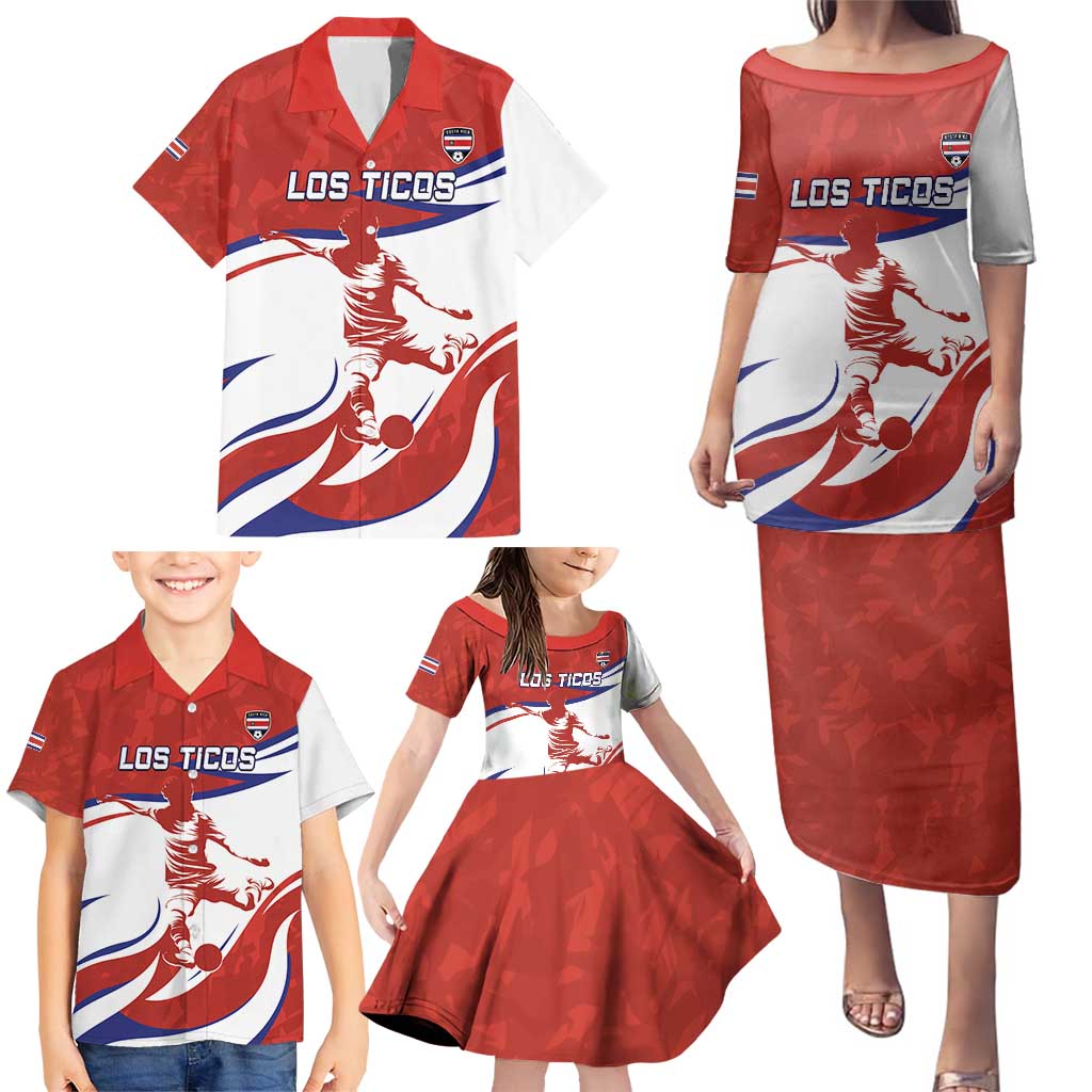 Custom Costa Rica Football Family Matching Puletasi and Hawaiian Shirt Los Ticos With Bull Mascot - Wonder Print Shop