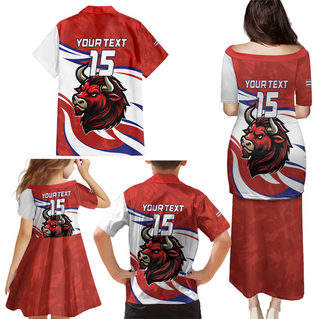 Custom Costa Rica Football Family Matching Puletasi and Hawaiian Shirt Los Ticos With Bull Mascot - Wonder Print Shop