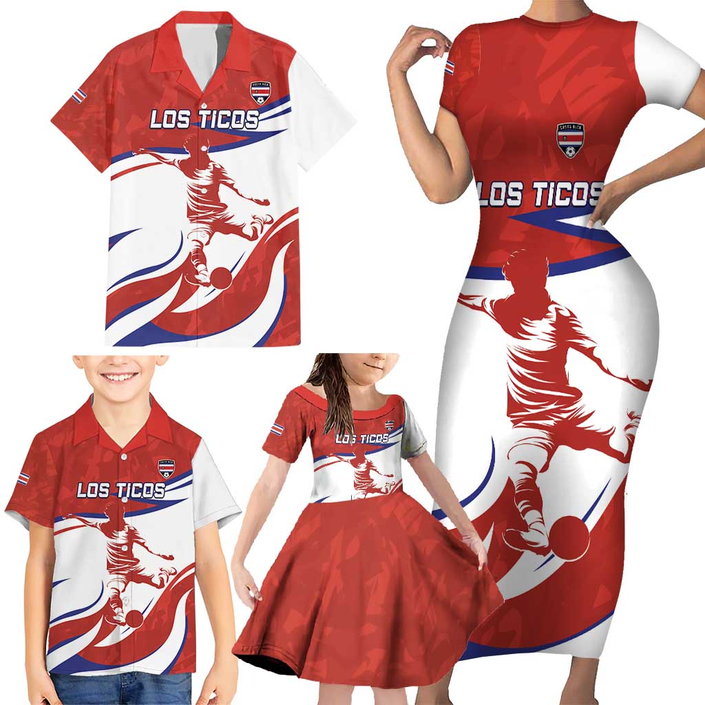 Custom Costa Rica Football Family Matching Short Sleeve Bodycon Dress and Hawaiian Shirt Los Ticos With Bull Mascot - Wonder Print Shop