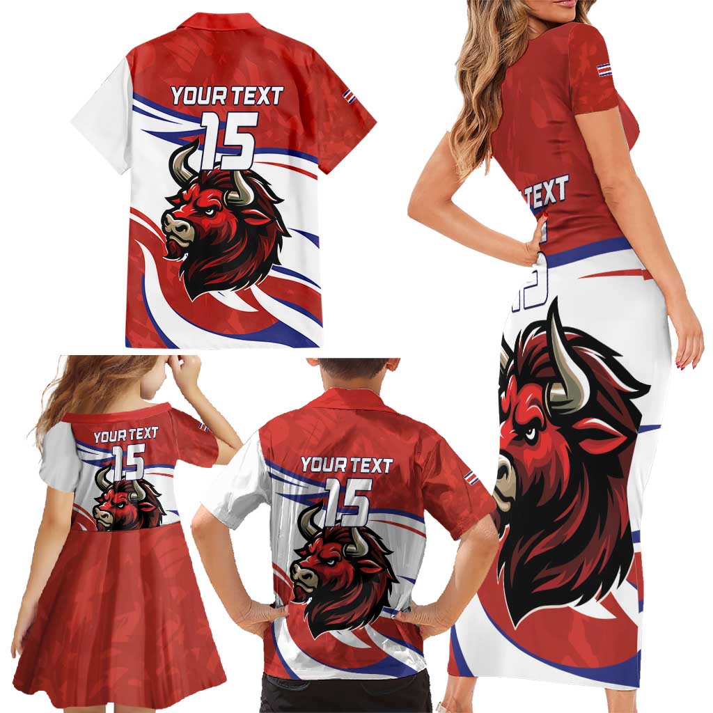 Custom Costa Rica Football Family Matching Short Sleeve Bodycon Dress and Hawaiian Shirt Los Ticos With Bull Mascot - Wonder Print Shop