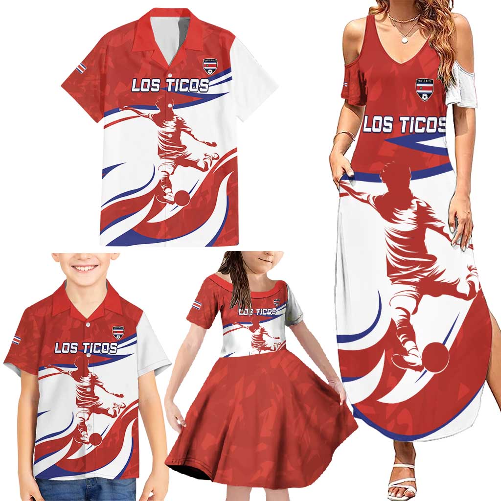 Custom Costa Rica Football Family Matching Summer Maxi Dress and Hawaiian Shirt Los Ticos With Bull Mascot - Wonder Print Shop