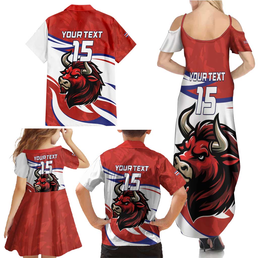 Custom Costa Rica Football Family Matching Summer Maxi Dress and Hawaiian Shirt Los Ticos With Bull Mascot - Wonder Print Shop