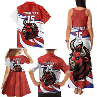 Custom Costa Rica Football Family Matching Tank Maxi Dress and Hawaiian Shirt Los Ticos With Bull Mascot - Wonder Print Shop