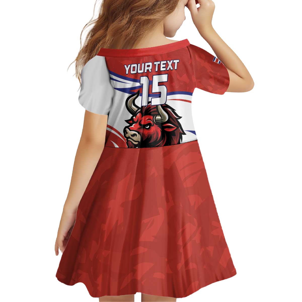 Custom Costa Rica Football Kid Short Sleeve Dress Los Ticos With Bull Mascot - Wonder Print Shop