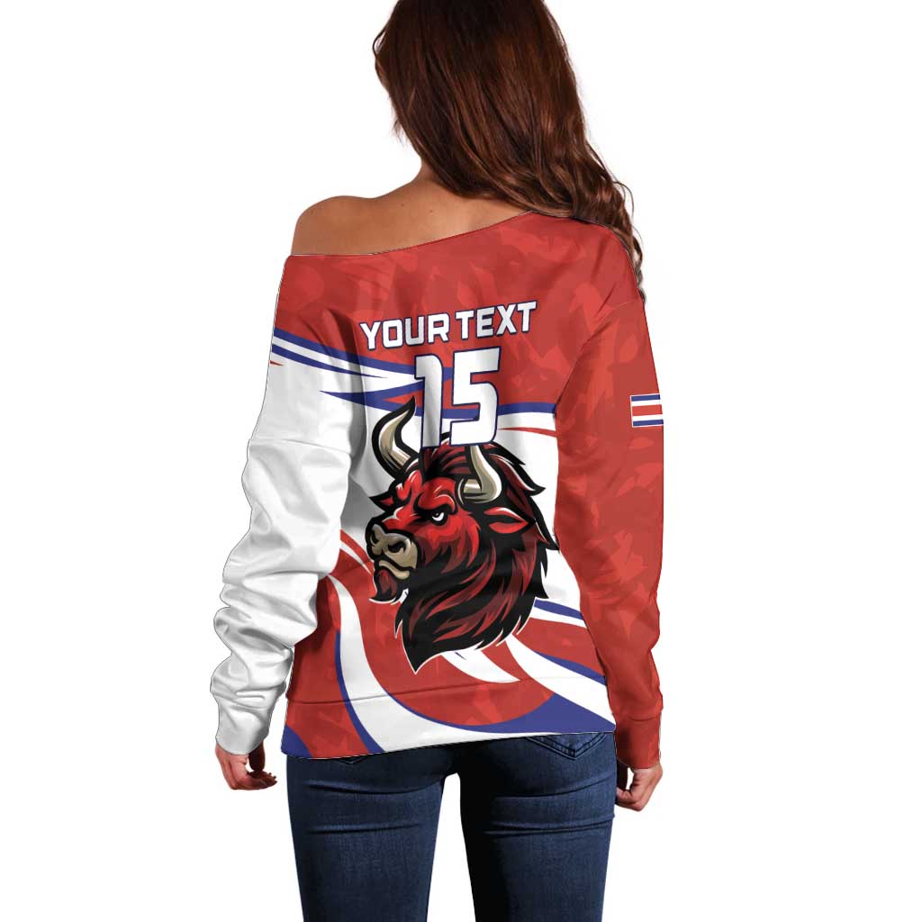 Custom Costa Rica Football Off Shoulder Sweater Los Ticos With Bull Mascot - Wonder Print Shop