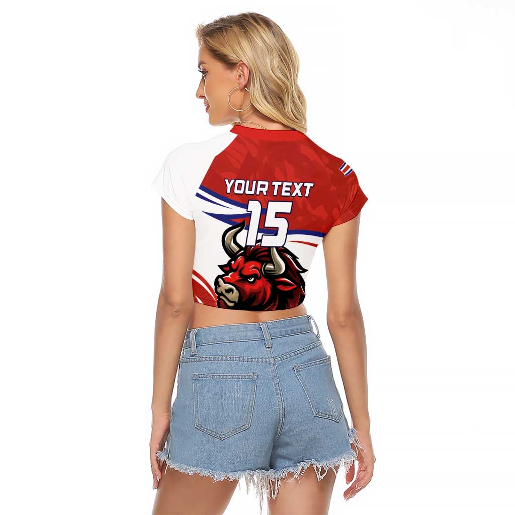 Custom Costa Rica Football Raglan Cropped T Shirt Los Ticos With Bull Mascot - Wonder Print Shop