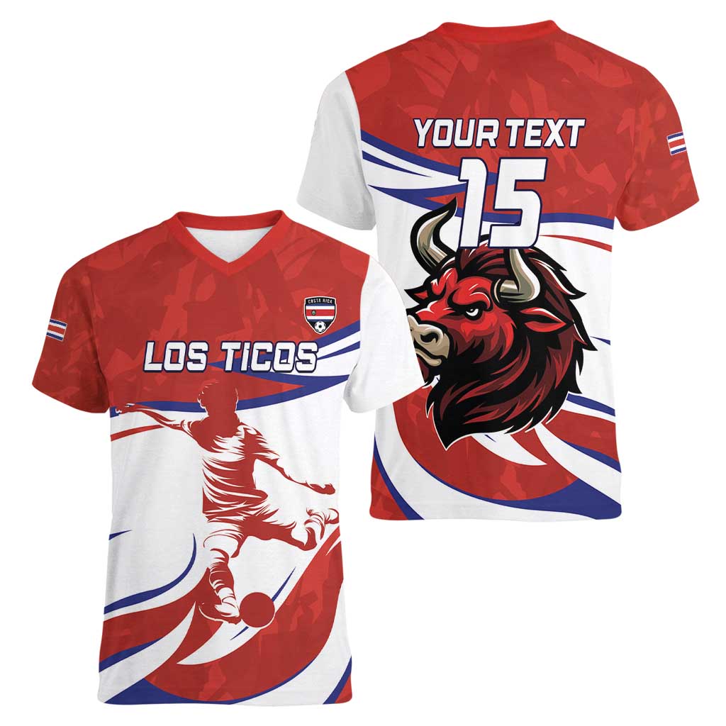 Custom Costa Rica Football Women V-Neck T-Shirt Los Ticos With Bull Mascot - Wonder Print Shop