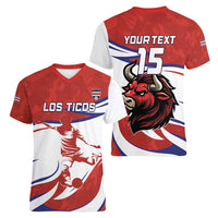 Custom Costa Rica Football Women V-Neck T-Shirt Los Ticos With Bull Mascot - Wonder Print Shop