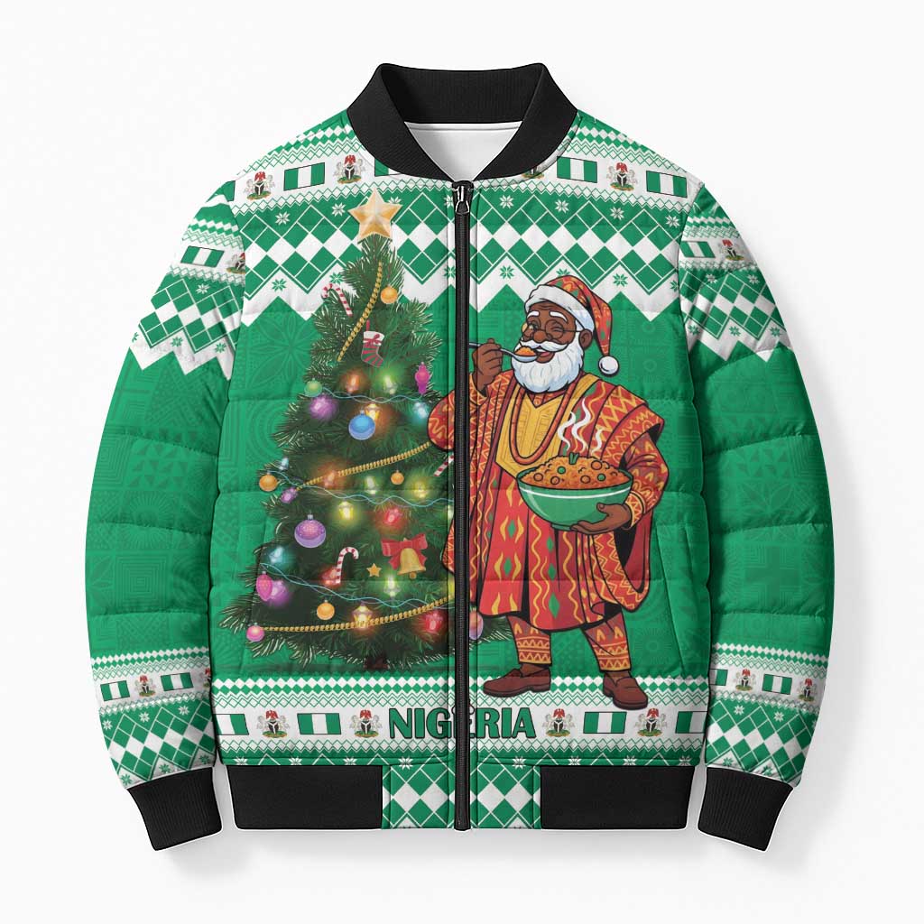 Personalized Nigeria Christmas Bomber Puffer Jacket Black Santa With Jollof Rice - Wonder Print Shop