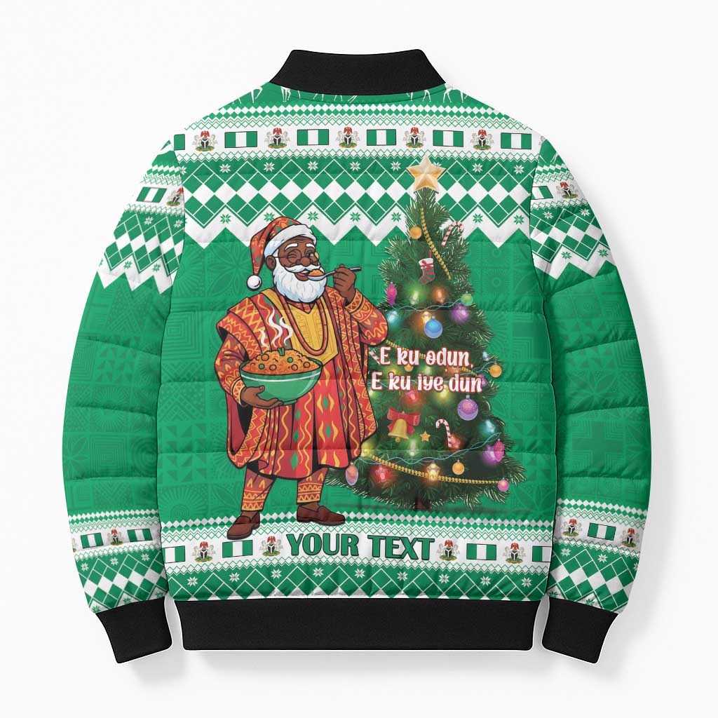 Personalized Nigeria Christmas Bomber Puffer Jacket Black Santa With Jollof Rice - Wonder Print Shop