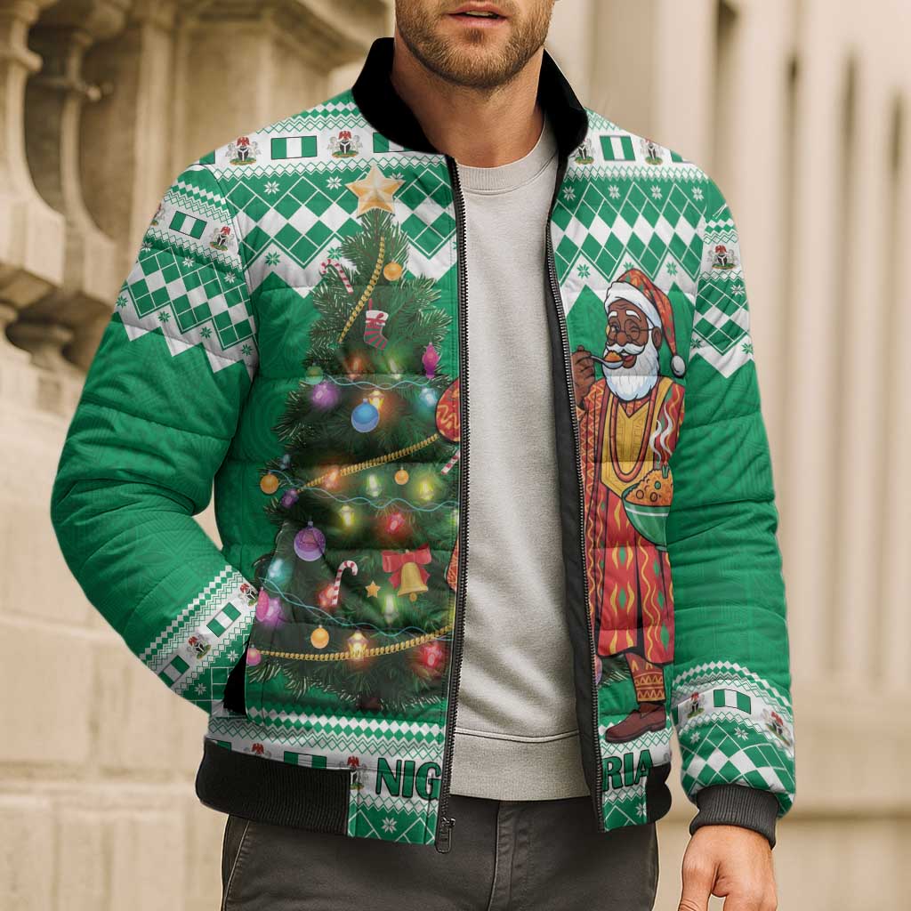 Personalized Nigeria Christmas Bomber Puffer Jacket Black Santa With Jollof Rice - Wonder Print Shop