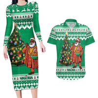 Personalized Nigeria Christmas Couples Matching Long Sleeve Bodycon Dress and Hawaiian Shirt Black Santa With Jollof Rice - Wonder Print Shop