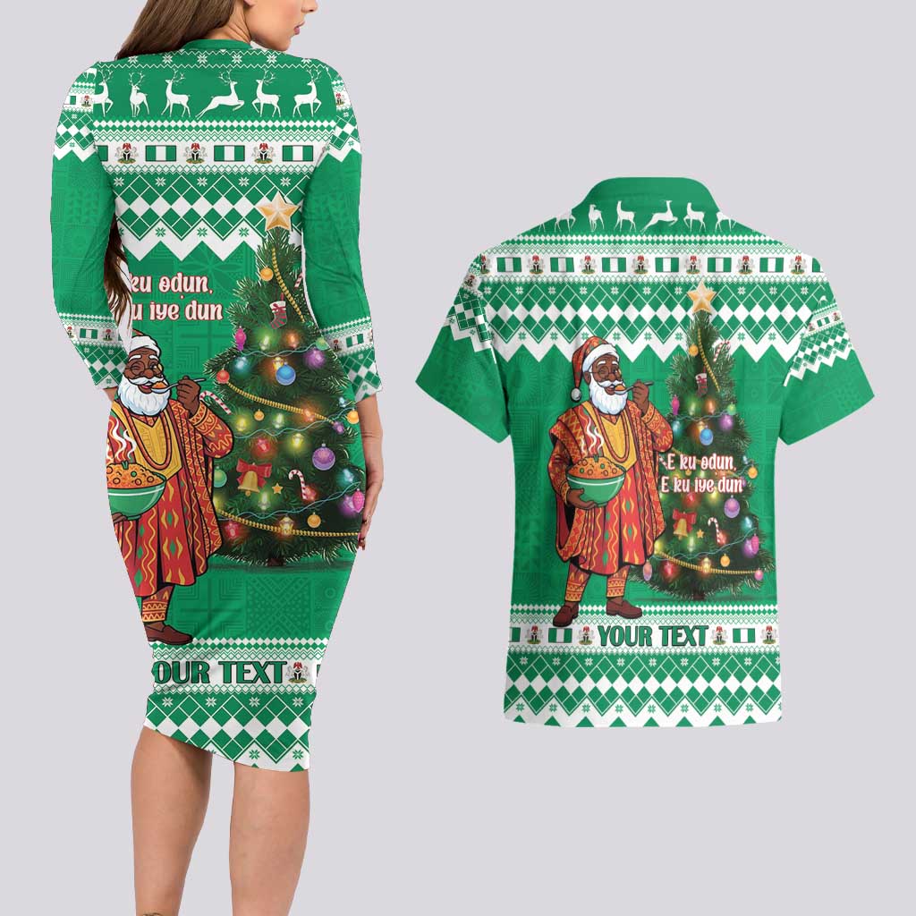 Personalized Nigeria Christmas Couples Matching Long Sleeve Bodycon Dress and Hawaiian Shirt Black Santa With Jollof Rice - Wonder Print Shop